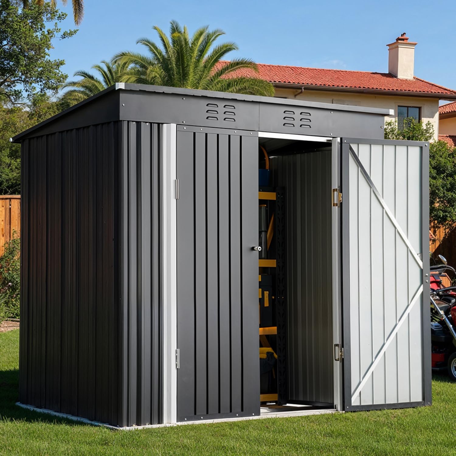 Gardening Tools In - 6x4ft Metal Outdoor Storage Shed Double