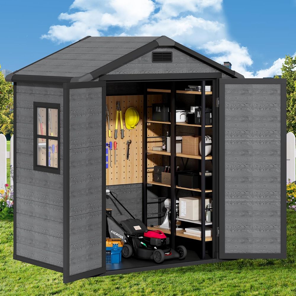 Gardening Tools In - Outdoor Storage Shed 6x4.4ft, Weather-Resistant Plastic,